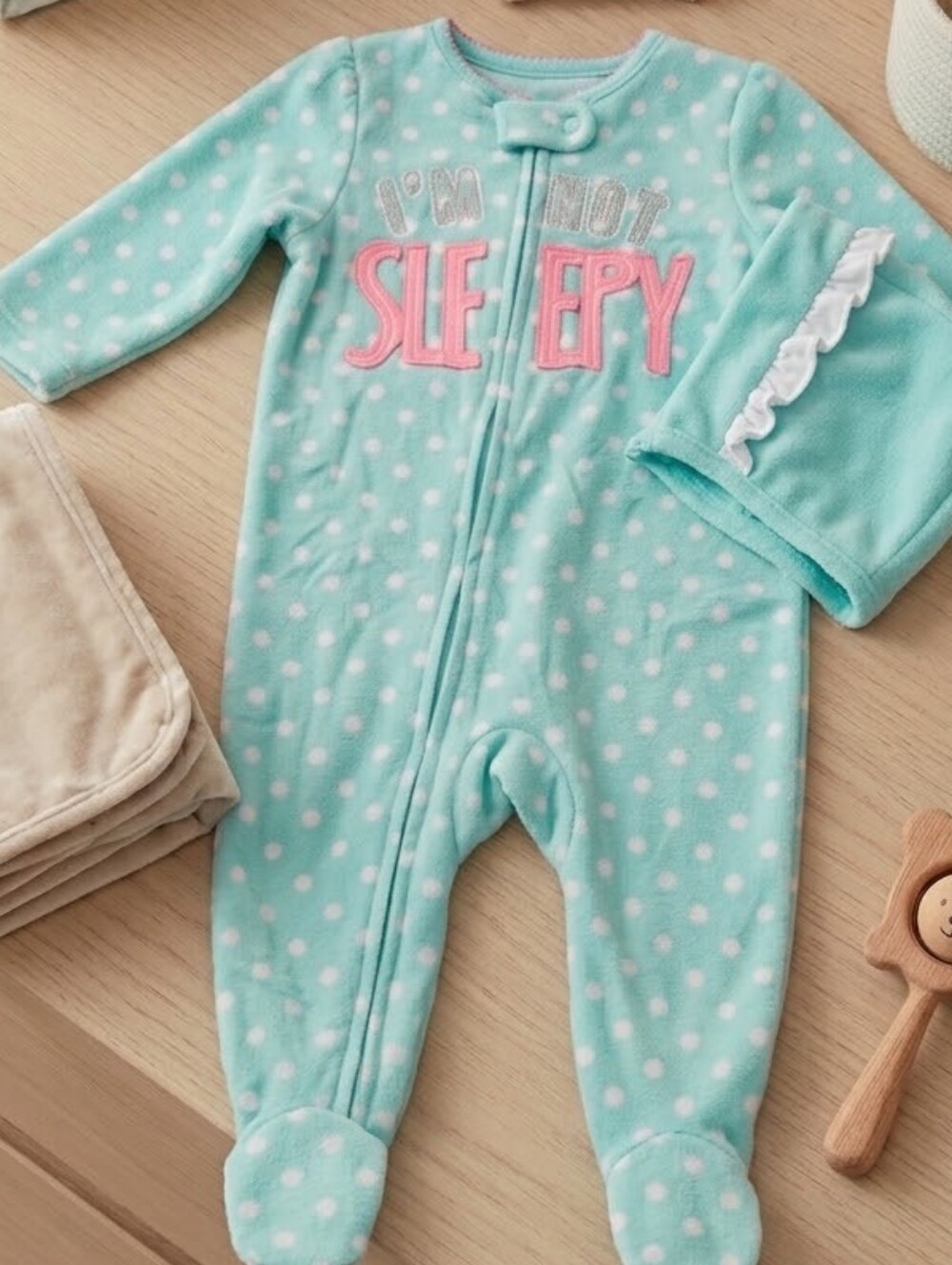 Aqua Polka Dot Fleece Footie with Matching Ruffle Hat - Kids